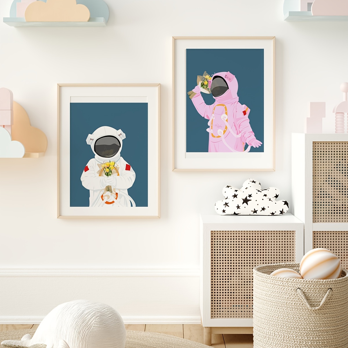 2pcs Set Frameless Art Paintings Men And Women Astronauts Holding