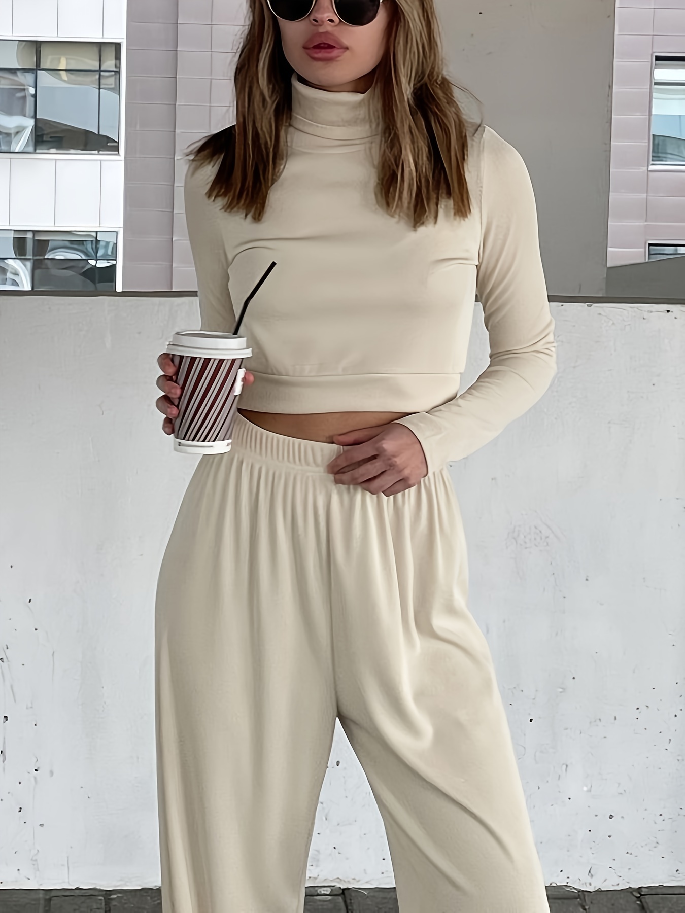 Solid Casual Two piece Set Turtleneck Long Sleeve Tops - Temu Canada