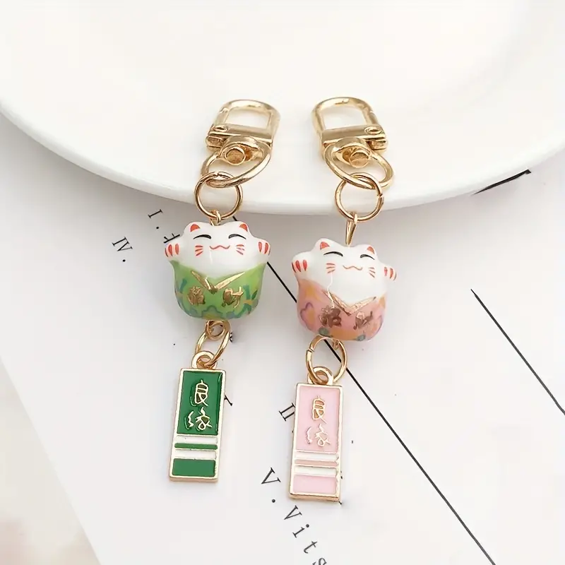1pc Durable Soft Clay Cute Keyrings & Keychains with Ceramic Lucky Cat for Men's Gift Car Keychain Bag Pendant and Ornament Green),Temu