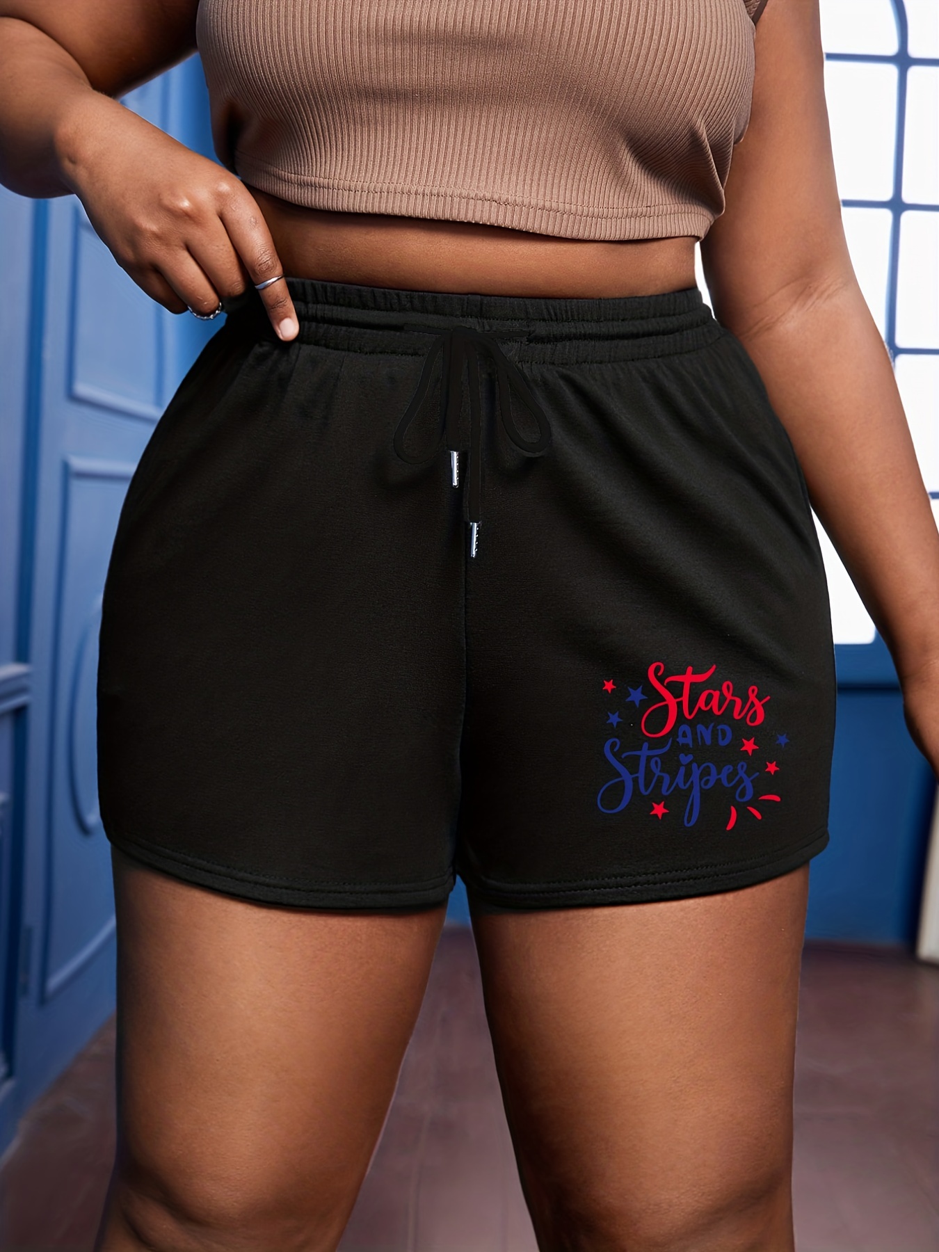 Independence Casual Shorts Women's Plus Letter & Star Print