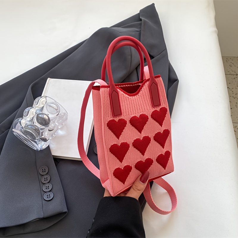 

Mini Cute Heart Pattern Knitted Bag, Kawaii Cartoon Cellphone Bag, Women's Key Lipstick Coin Purse & Handbag (4.7"x7.1"x1.6")