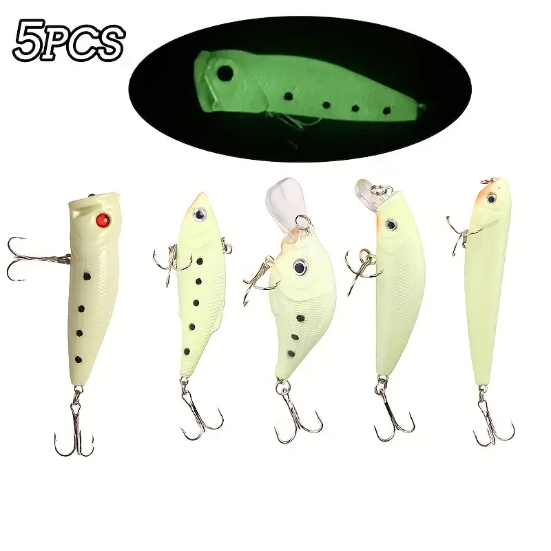 5pcs Glow in the Dark Fishing Lures Kit - Crank, Pencil, Popper, Minnow,  Vib Hard Bait for Night Fishing - Perfect for Trout, Bass, Catfish,  Saltwater