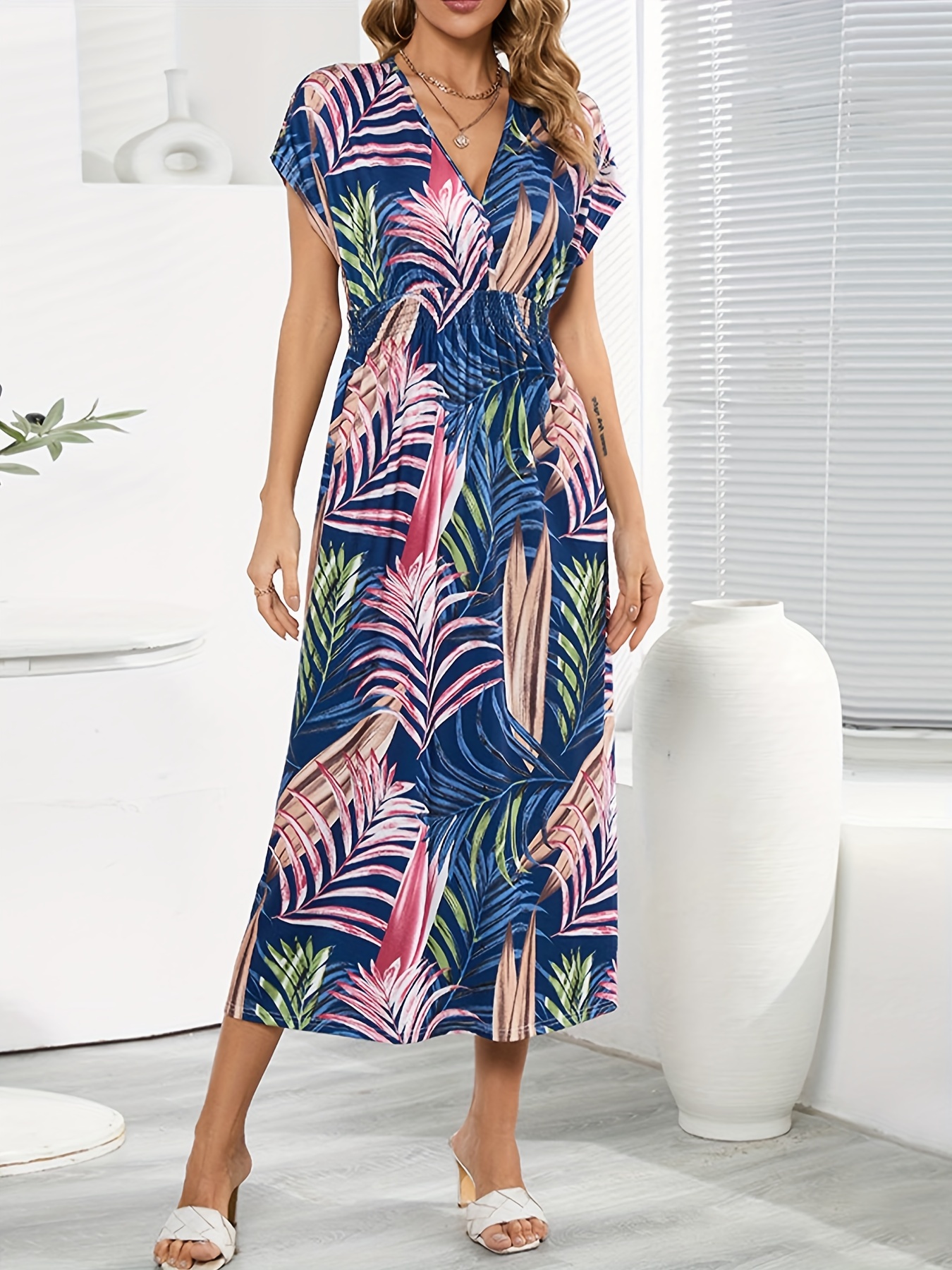 Ladies V Neck Side Split Long Dress Belted Short Sleeve Floral Maxi Dress