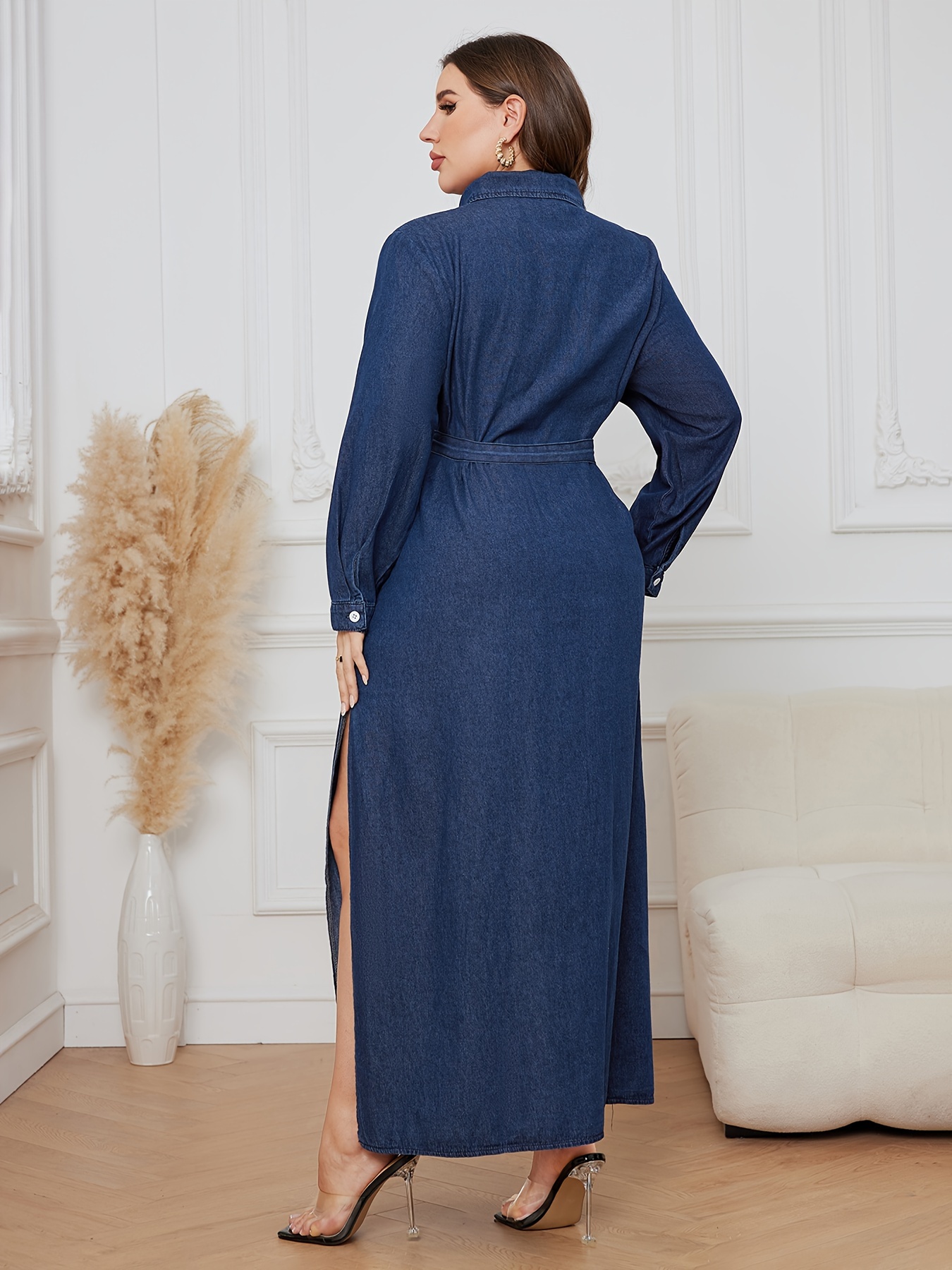 Plus Size Casual Denim Dress Women's Plus Solid Button Long - Temu Canada