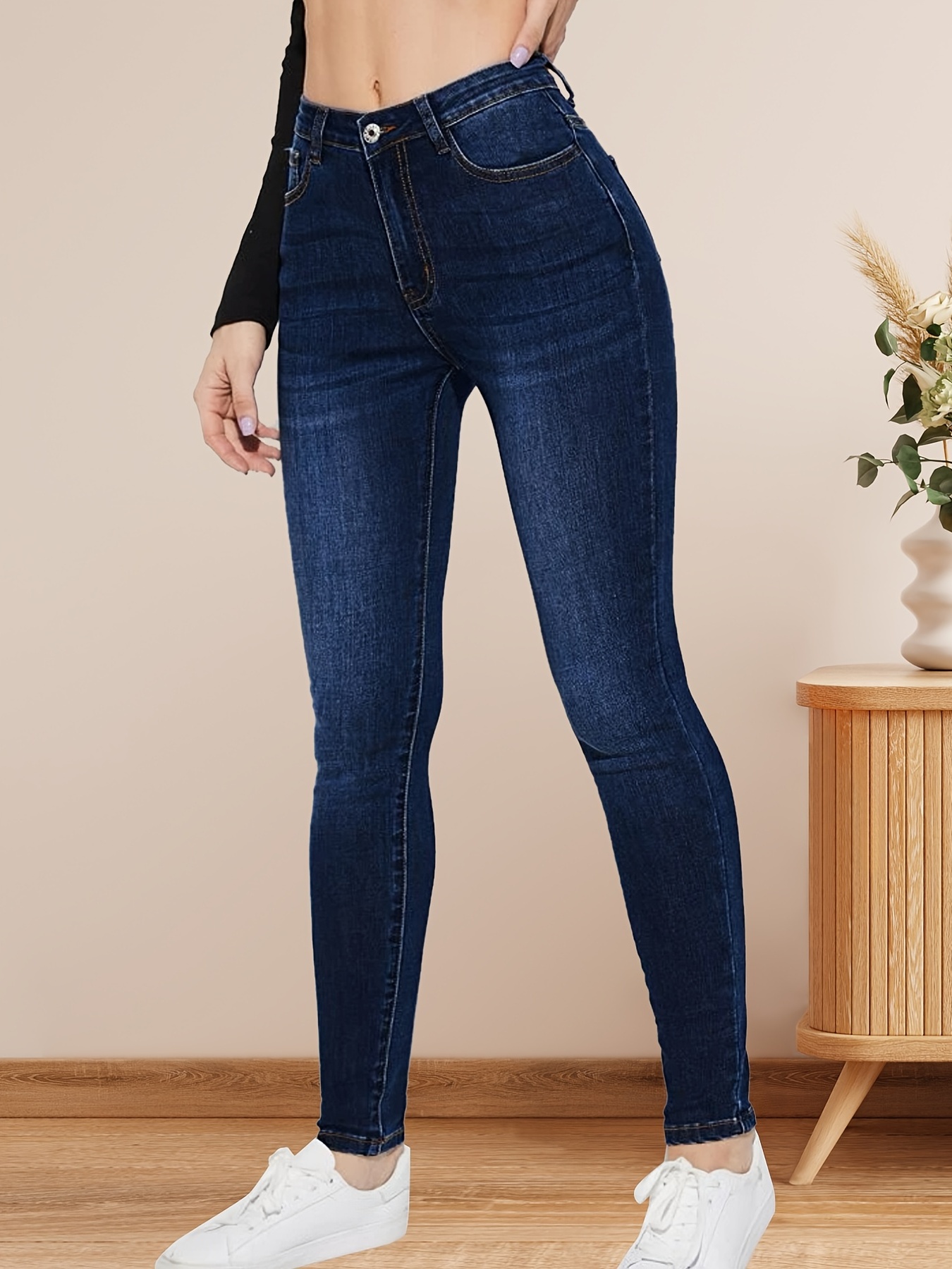 Jeans skinny escuro de cintura alta cintura alta com - Temu Portugal