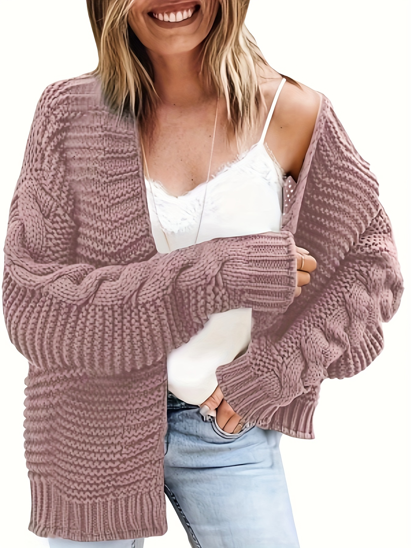 GRAPENT Women's Open Front Cable Knit Casual Sweater Cardigan Loose Ou –  Grapent