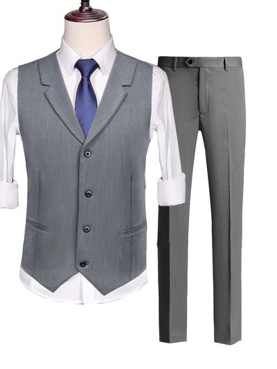 Small Size & Order Size Up, 2pcs Men's Vest Suit Casual Business Solid Vest & Suit Pant