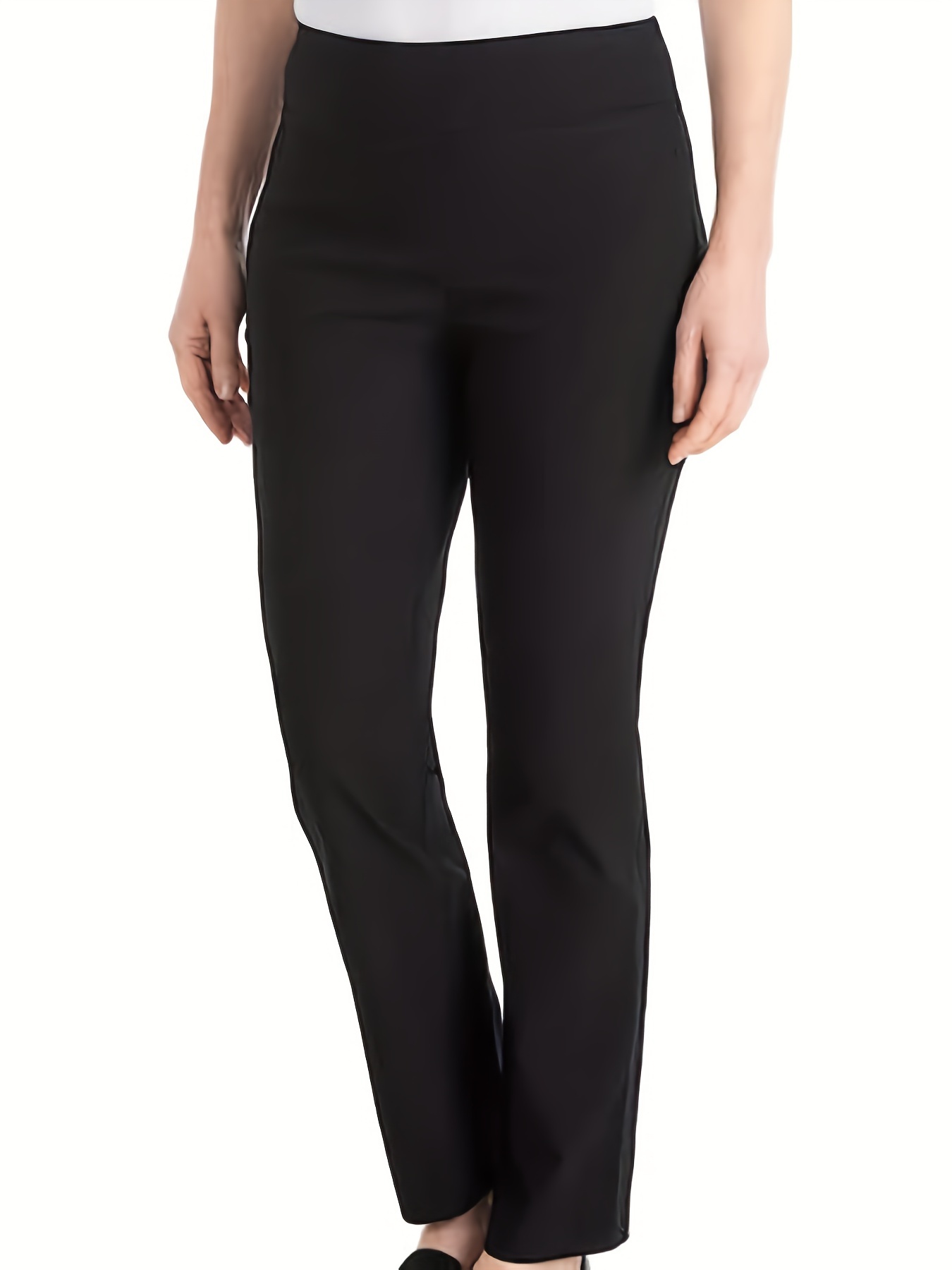 Plus Size Basic Pants, Women's Plus Solid High Stretch Straight Leg  Workwear Trousers