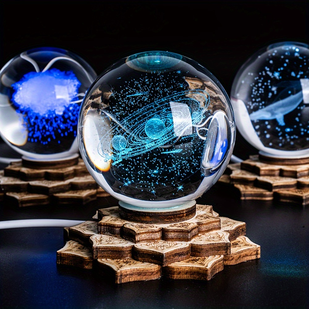 Lámpara Saturno, luz nocturna de bola de cristal de Saturno 3D con base de  madera, lámpara de noche de bola de cristal transparente, decoración de