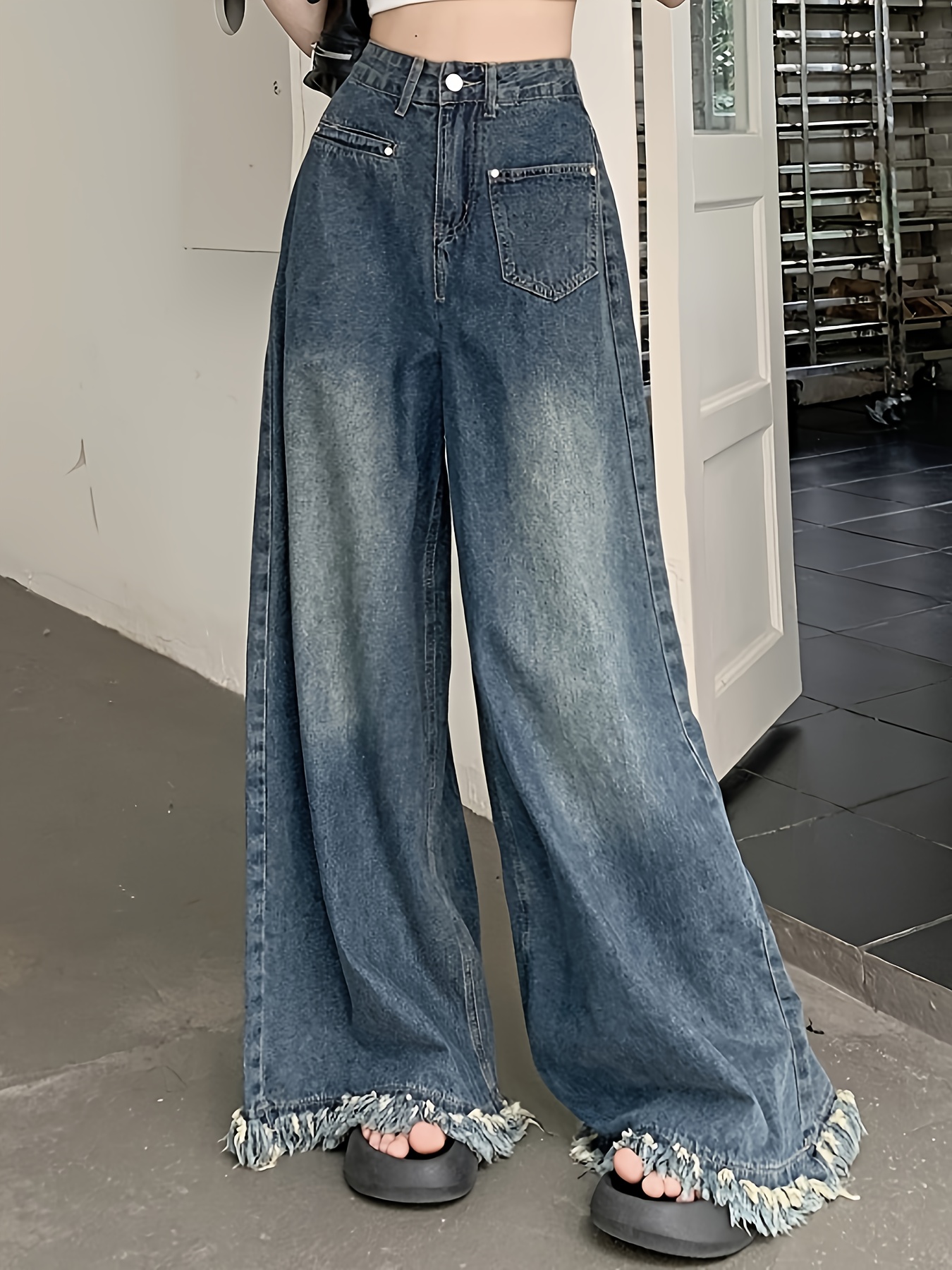 Calças jeans casuais azuis com pernas largas ajuste solto - Temu