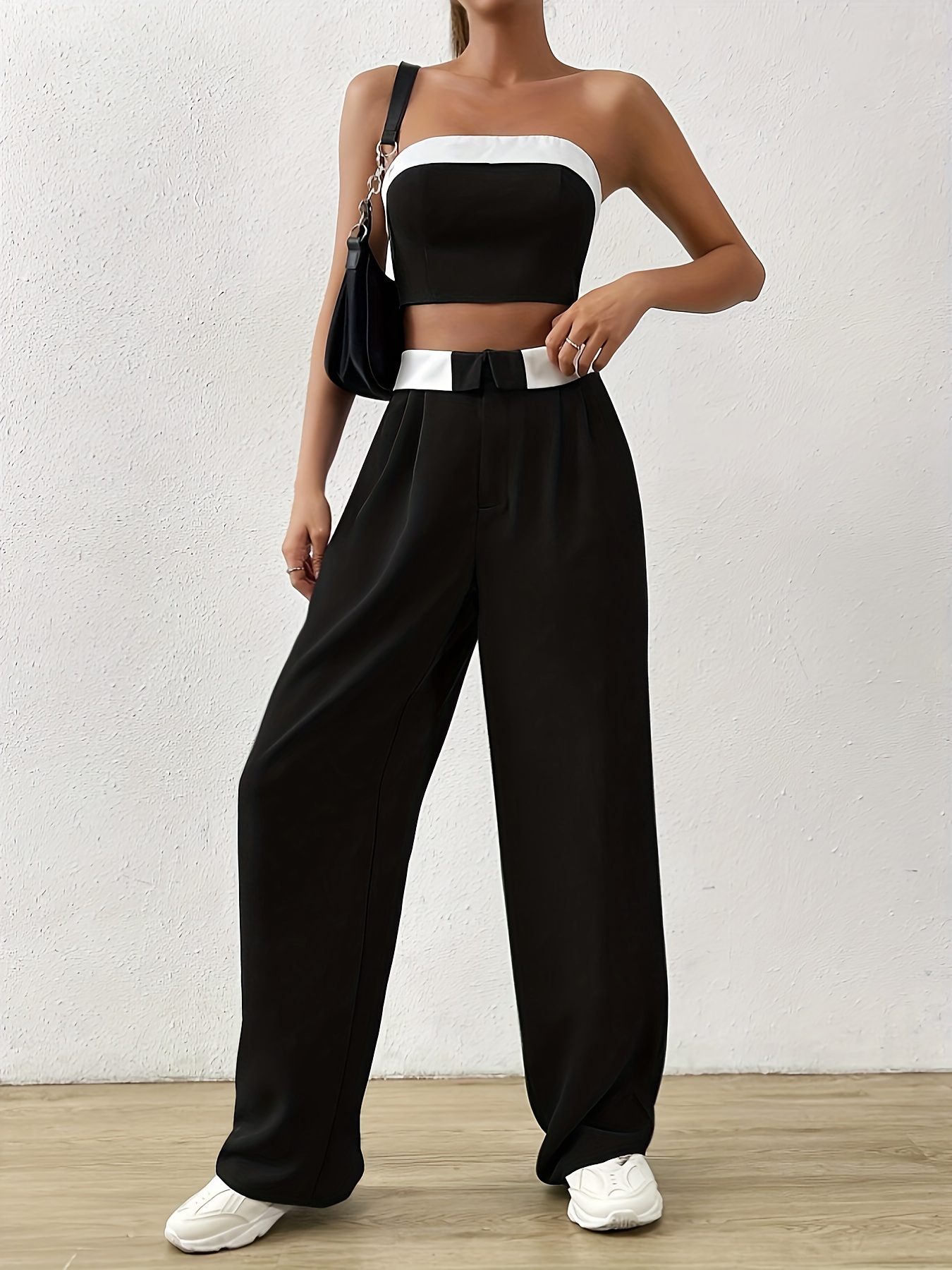 Women Solid Color Sleeveless Drawstring Bandeau Top & Shirred High Waist  Pants 2 Piece Sets