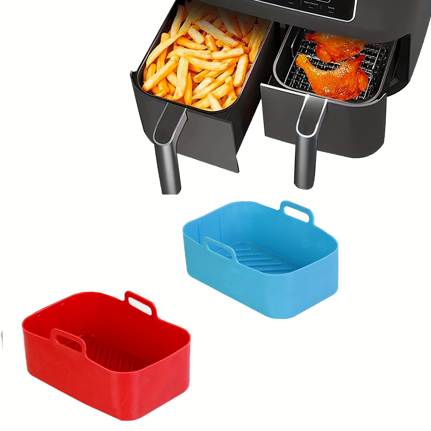2pcs Réutilisable Air Fryer Silicone Liners Pour Ninja Double Pot Panier,  Air Fryer Accessoires Rectangle (Rouge+Bleu)
