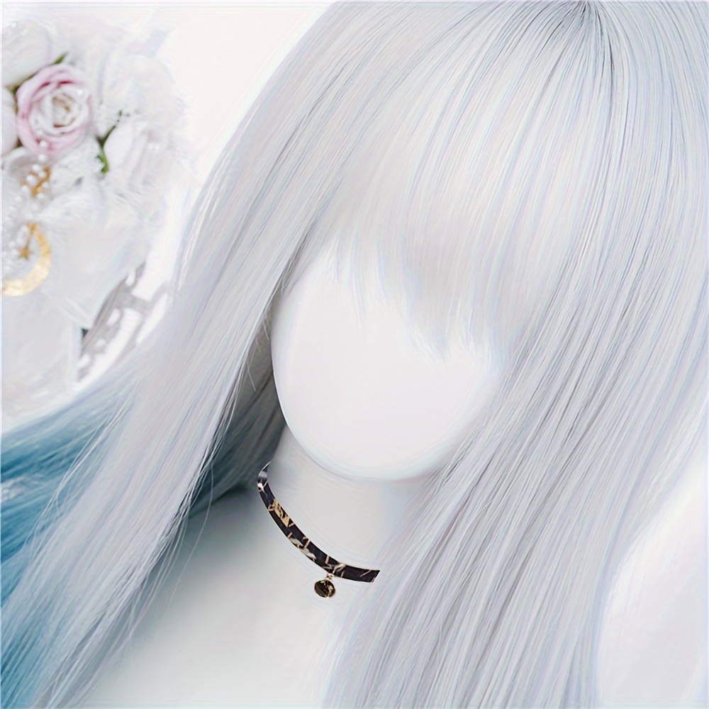 women synthetic wig long straight ombre two tone silvery grey blue hair for cosplay with bangs anime cosplay wig costume wig for halloween party details 3