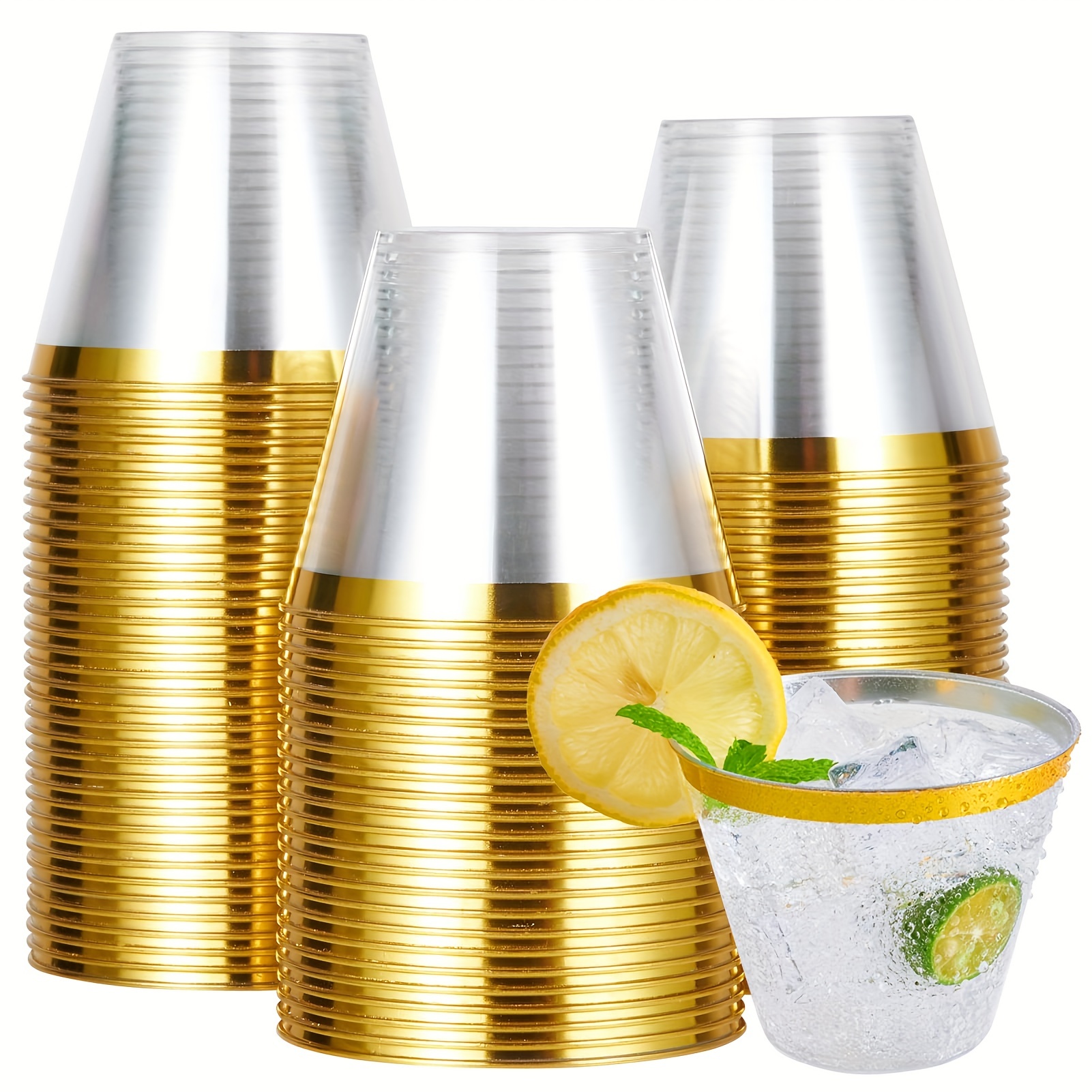 50pcs 10 OZ Gold Plastic Cups, Disposable Gold Glitter Plastic Cups, C