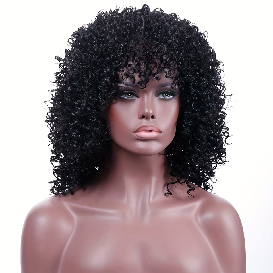 Kinky Curly Human Hair Wig, 250 Density with Bangs