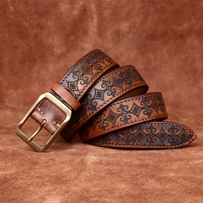 Cowhide Leather Double-sided Belt, Men Genuine Leather Carved Belt