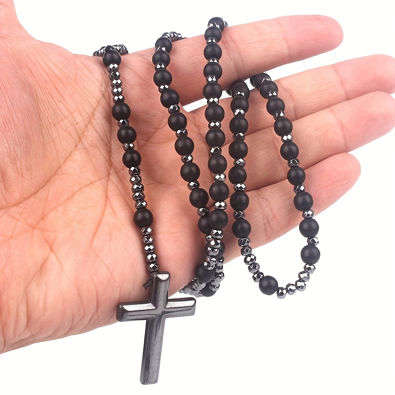 Men's Natural Stone Tiger Eye Lapis Glitter Bead Cross Pendant Necklace