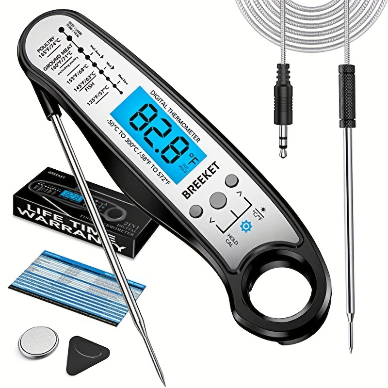 Digital meat thermometer with dual probe and long wire.