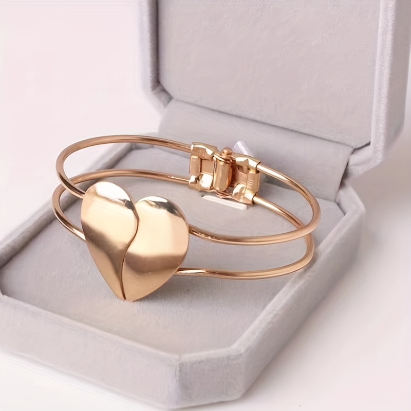 

1pc Simple Wide Heart Decor Layered Bangle, Cute Hand Jewelry For Girls