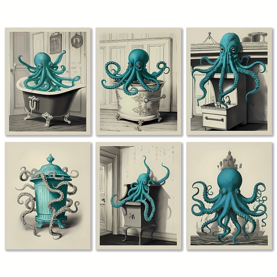 

6pcs Vintage Octopus Decor - Octopus Bathroom Decor, Nautical Octopus Wall Art, Octopus Posters, Sea Monster Artwork Pictures For Home Decoration (8x10 Unframed) Eid Al-adha Mubarak