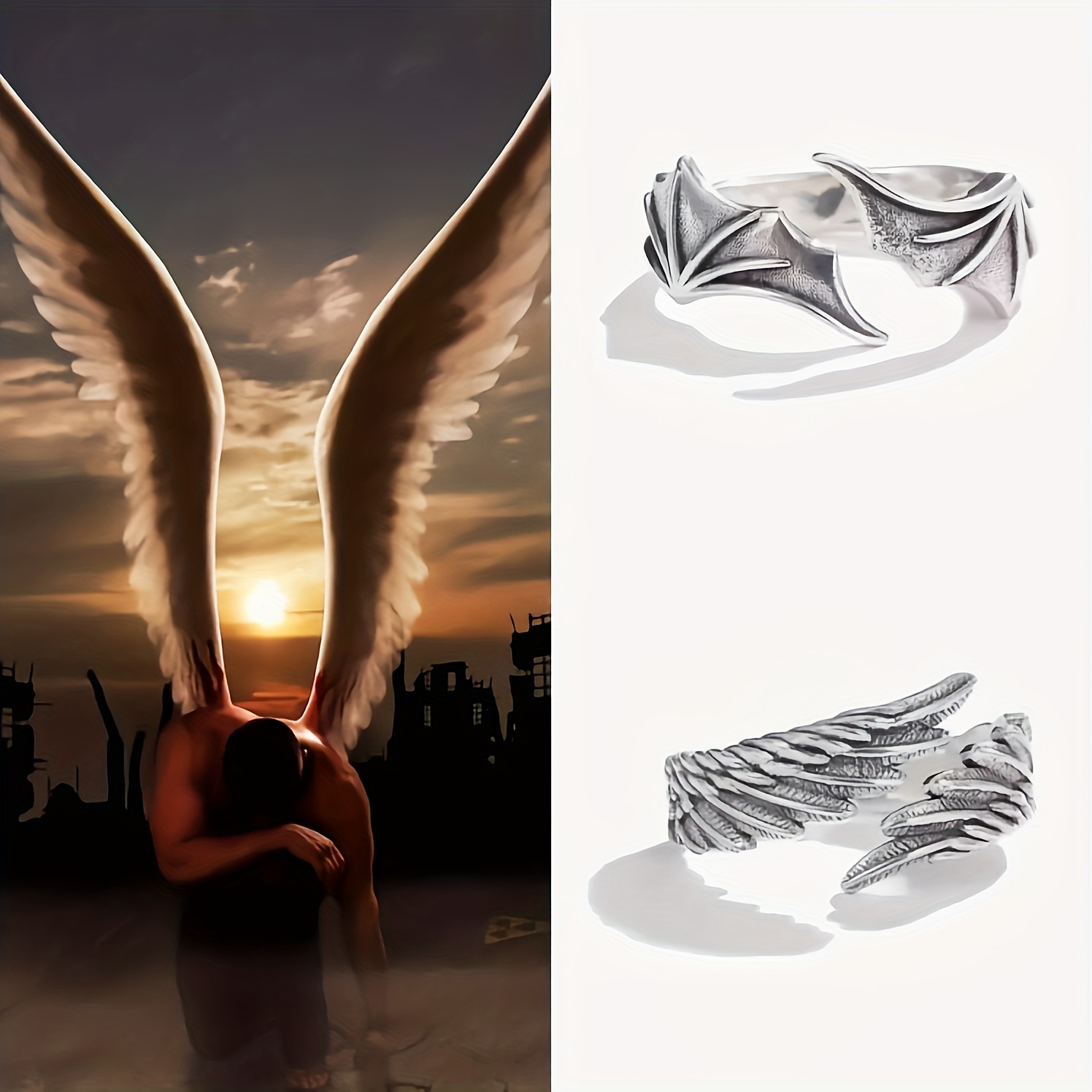 Gothic Punk Angel's Wing and Devil's Wing Copper Adjustable Ring