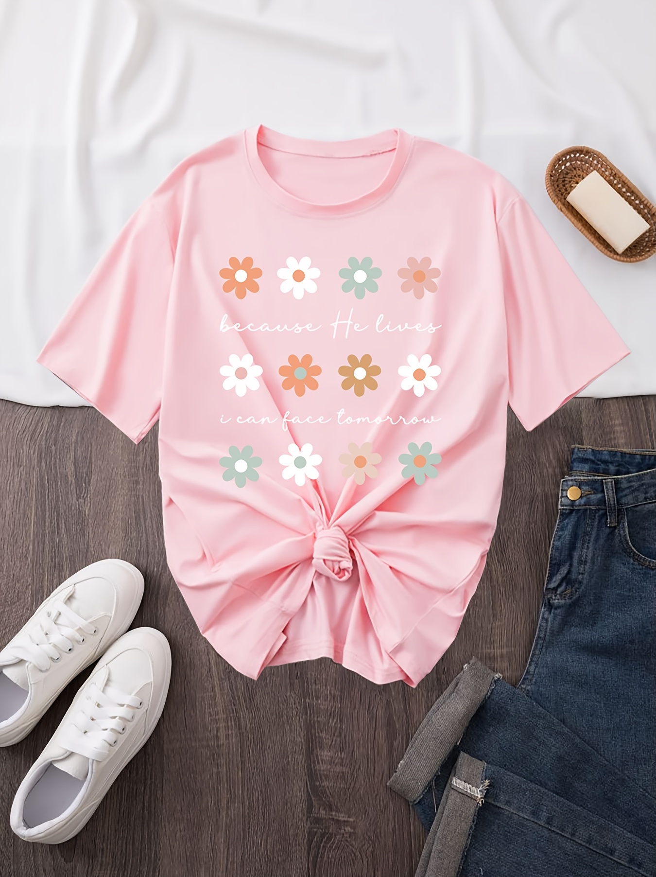 Floral Print T shirt Plus Size Casual Crew Neck Short Sleeve - Temu New ...