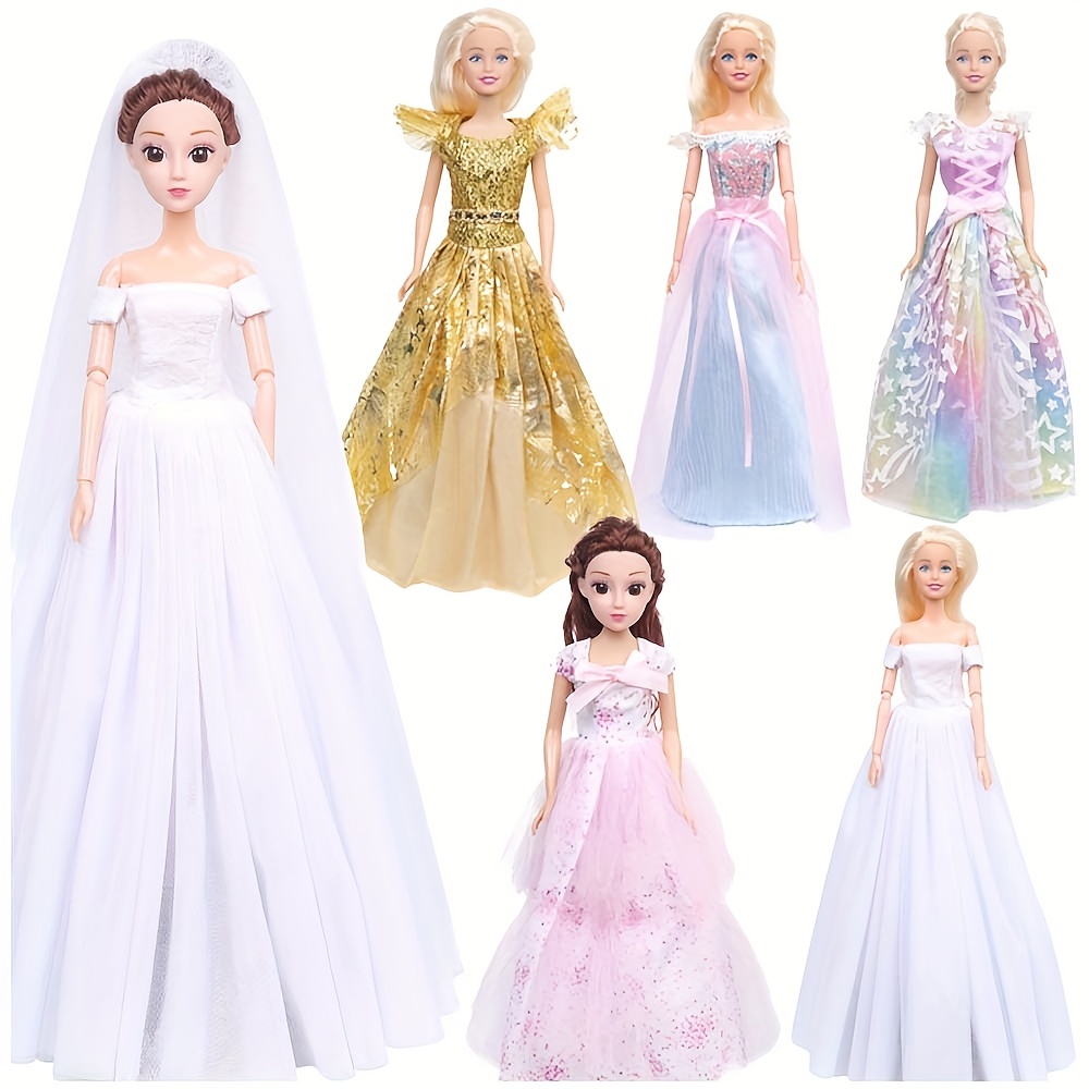 Princesa vestido para boneca barbie, vestido elegante com rendas, saia,  véu, chapéu, acessórios, festa de casamento