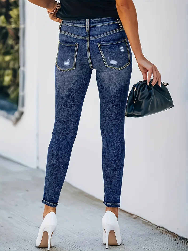 Women's Ripped Stretchy Button Fly Pocket Skinny Leg Jeans - Temu Germany