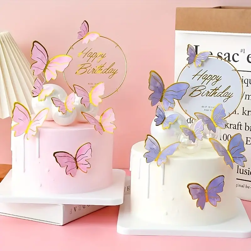 10 peças, decoração de bolo de borboleta de papel de simulação de borda  dourada rosa, decoração