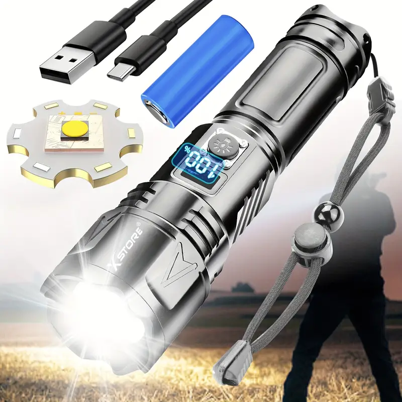 50000 Lumen X.store Super Bright 5modes Powerful Led Flashlight, Usb  Rechargeable Zoom Waterproof Torch, With 26650 Battery & Power Display For  Camping Emergencies - Temu Switzerland