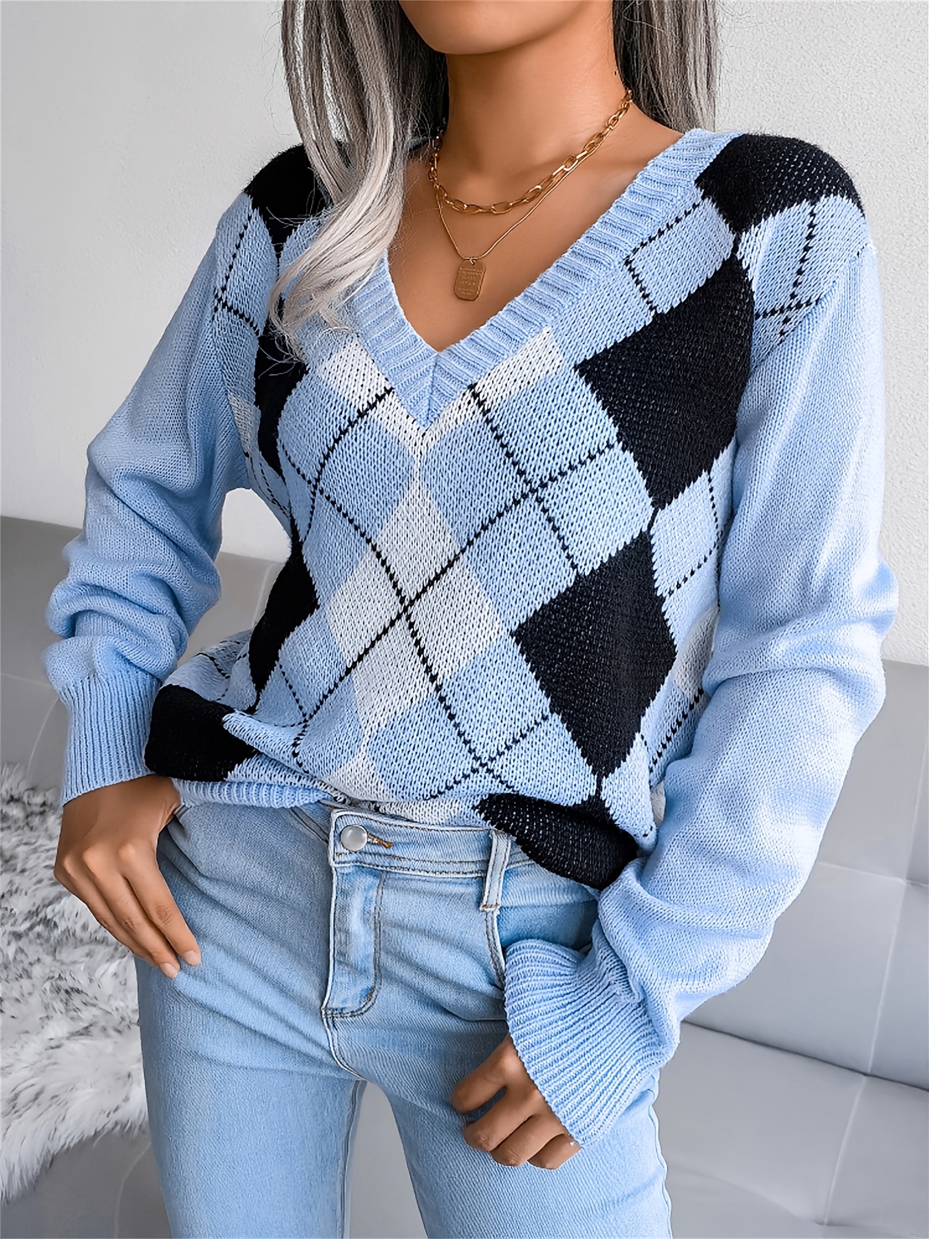 Womens Argyle Sweater - Temu Canada
