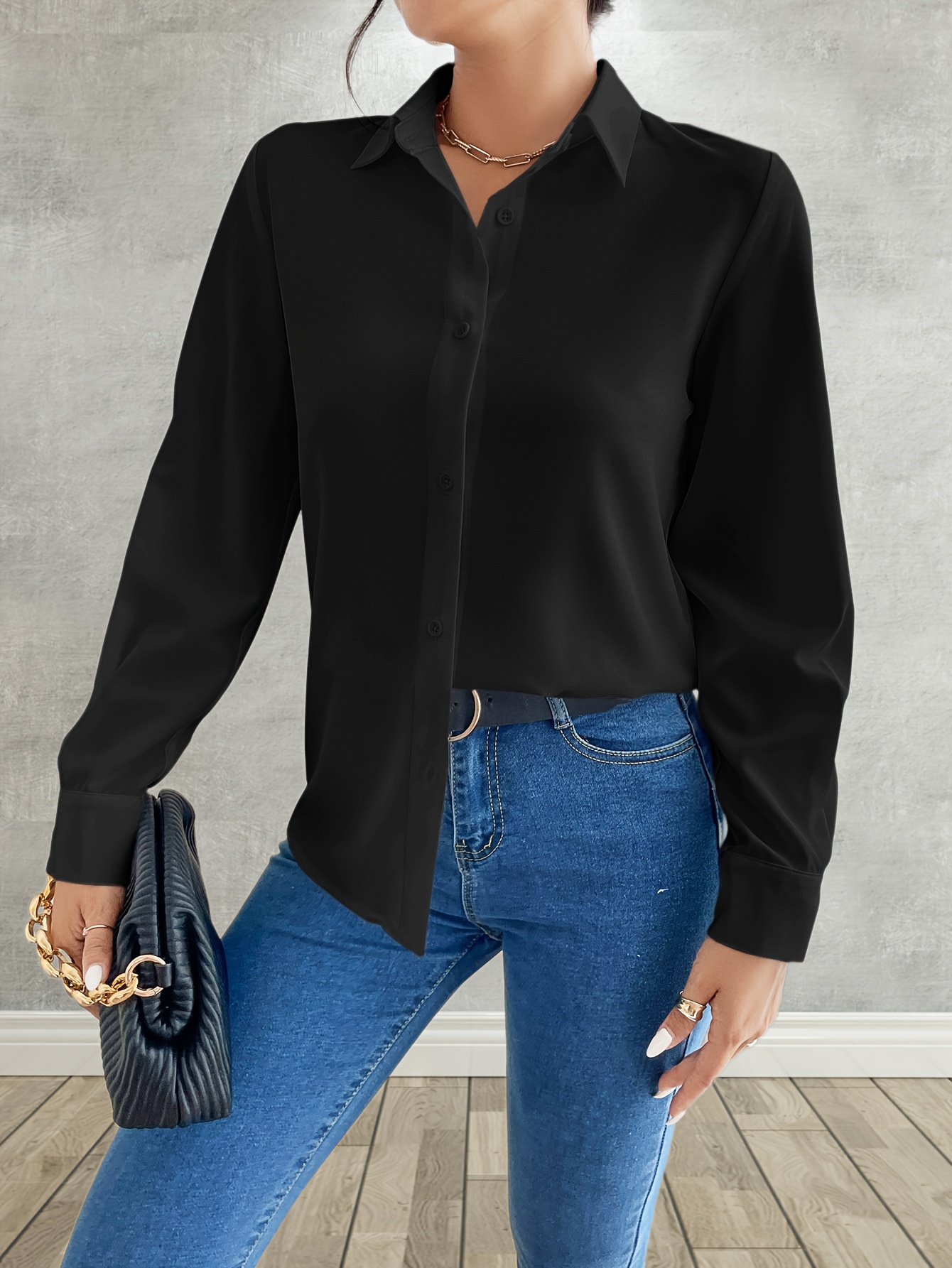 Solid Color Button Front Shirt, Casual Lapel Neck Long Sleeve Shirt For  Spring & Fall, Women's Clothing