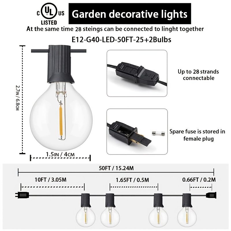 50ft g40 led string lights outdoor terrace lamp for outdoor 27 shatterproof bulbs 2 spare light bulbs waterproof chandelier e12 socket black lines details 0