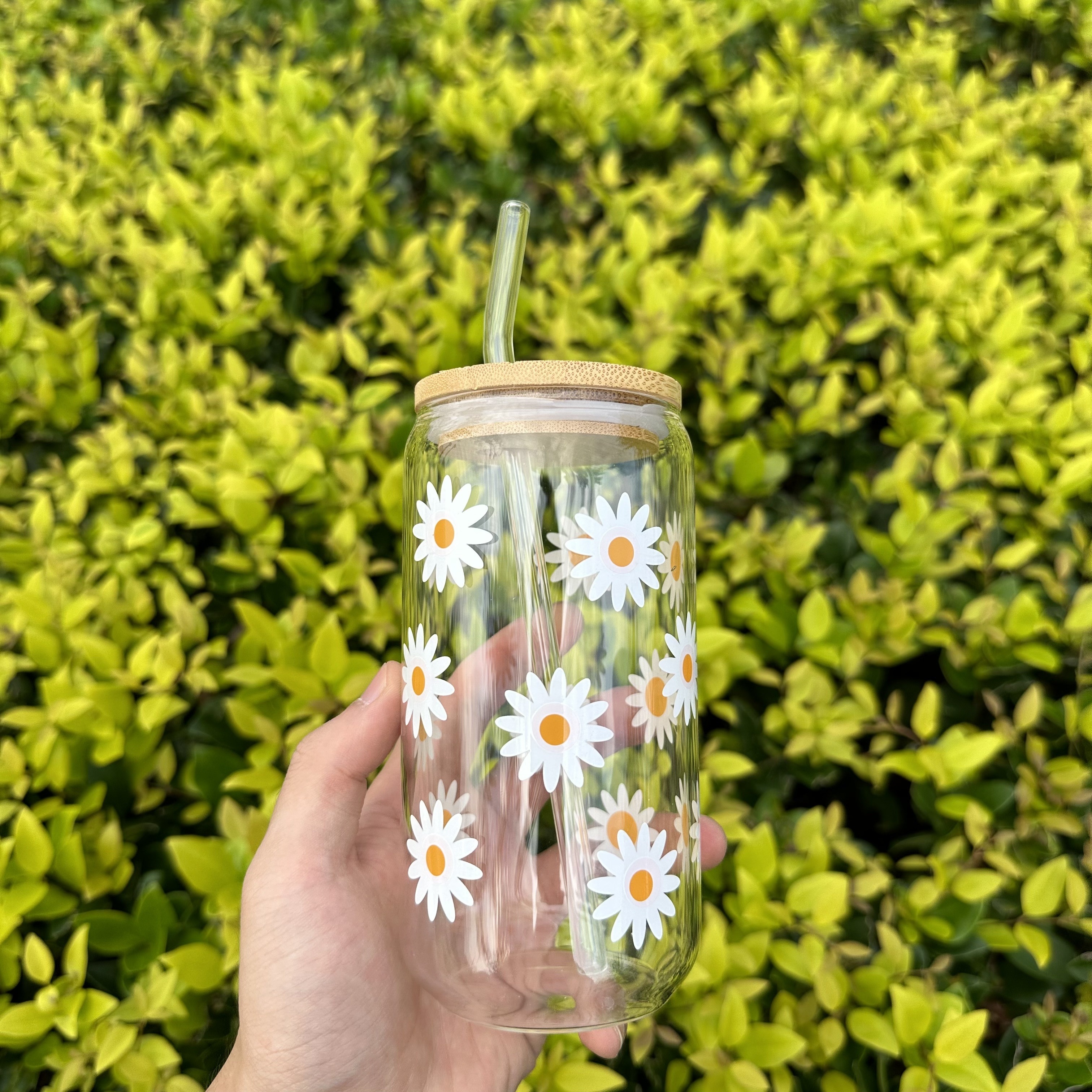 Daisy Flower Glass Cup, Iced Coffee Cup, Aesthetic Glass Cup, Beer