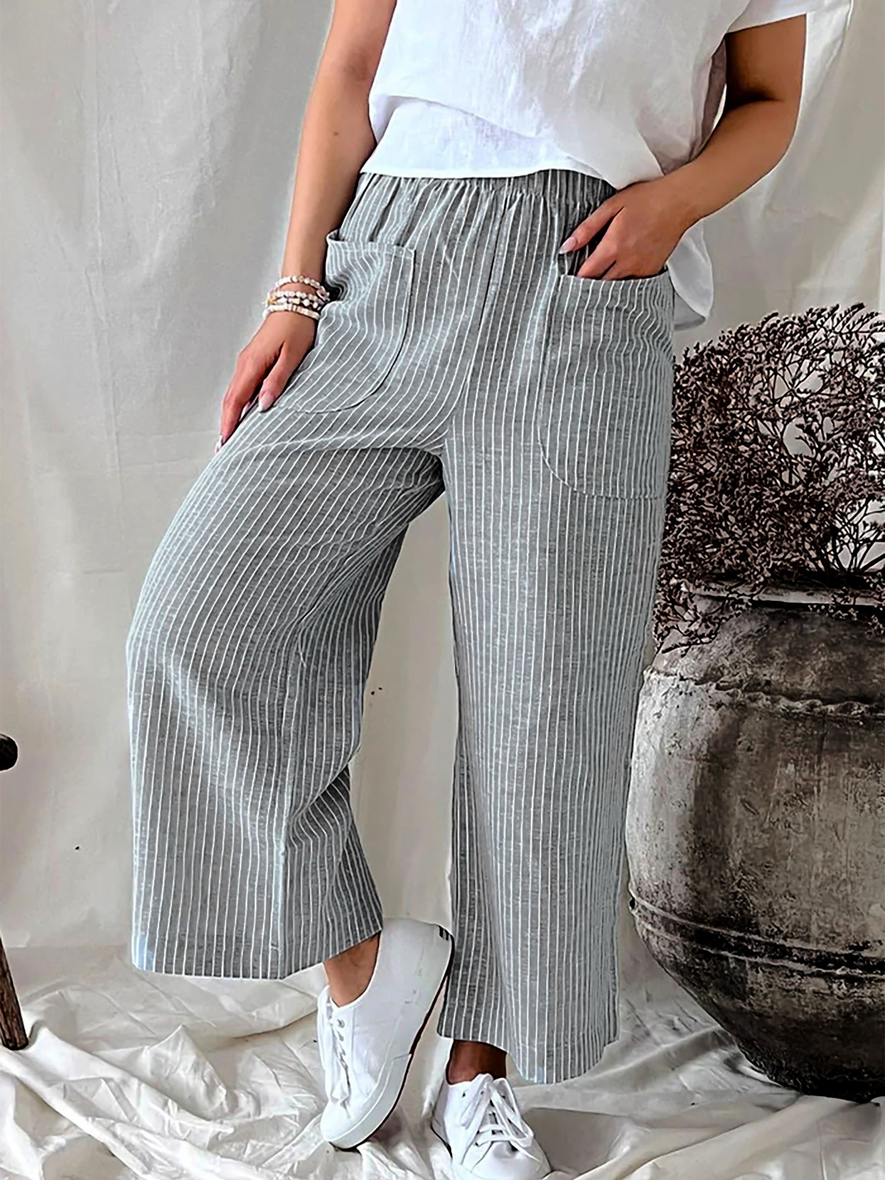 nsendm Female Pants Adult Elastic Waist Dress Pants for Women Business  Casual Women Trousers Striped Printed Stretch Pants for Women Work(Grey, S)