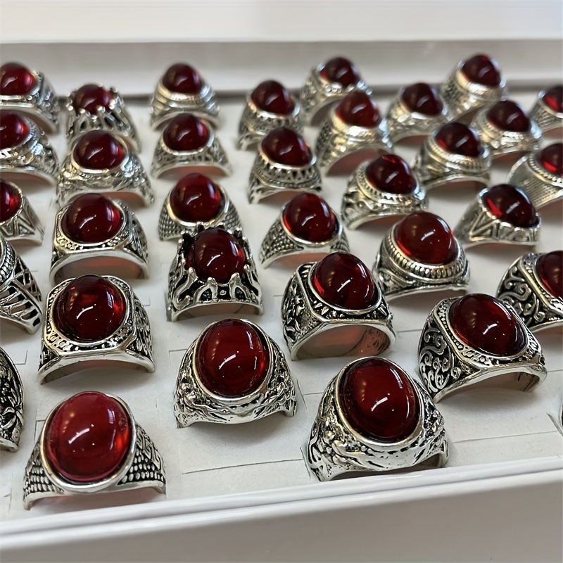 5pcs Set Men's Silvery Oval Red Stone Rings