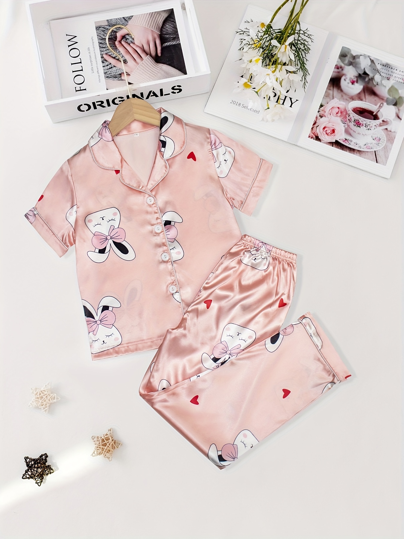 Cute Unicorn Print Satin Silk Pajama 2 Pcs Set Short Sleeve Top Shorts  Sleepwear
