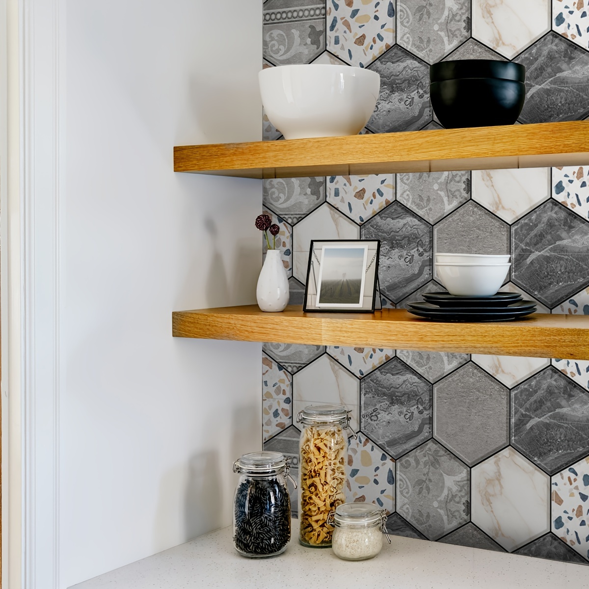 Marble Pattern Flower Brick Kitchen Wall Stickers Hexagonal - Temu