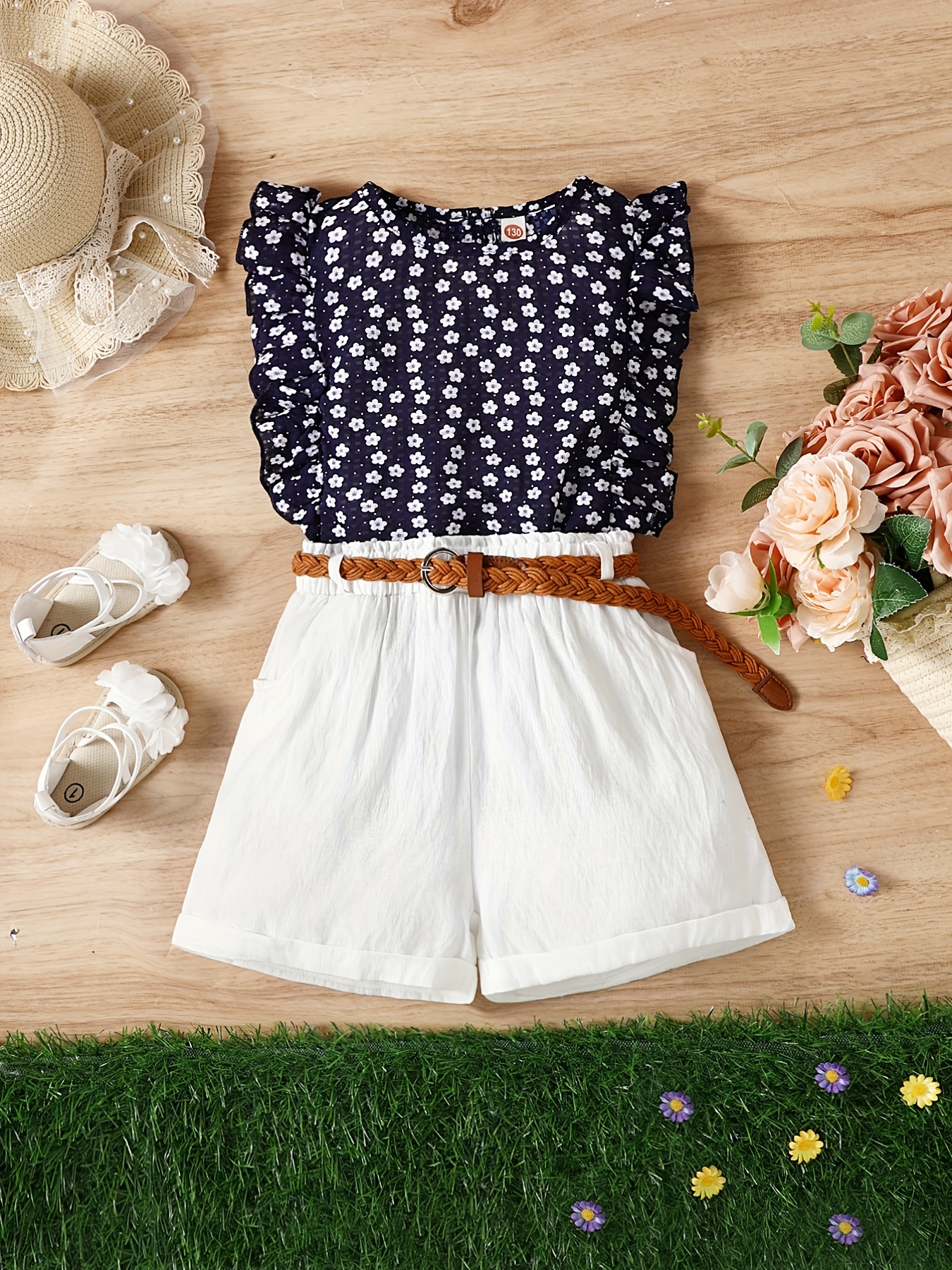 3pcs Girls Sleeveless Ruffle Trim Floral Blouse Top & Shorts & Belt Set  Kids Summer Clothes
