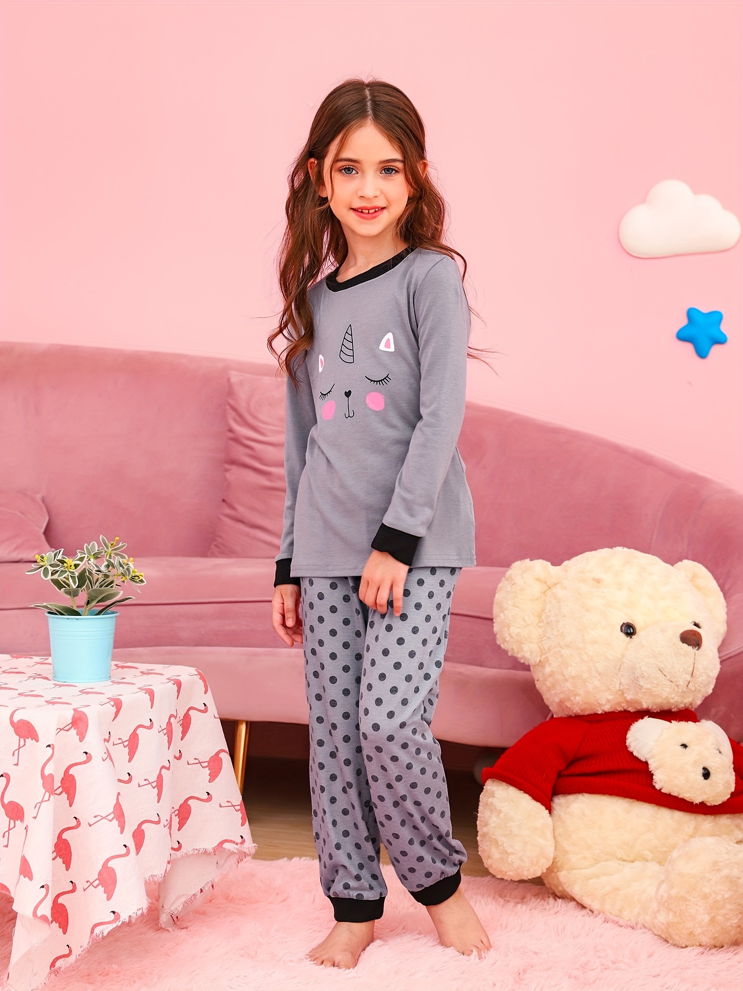 2pcs Unicorn Rainbow Graphic Kid's Pajamas, Ribbed Long Sleeve Top & Polka  Dots Patten Pants Set, Comfy Casual PJ Set, Girl's Loungewear