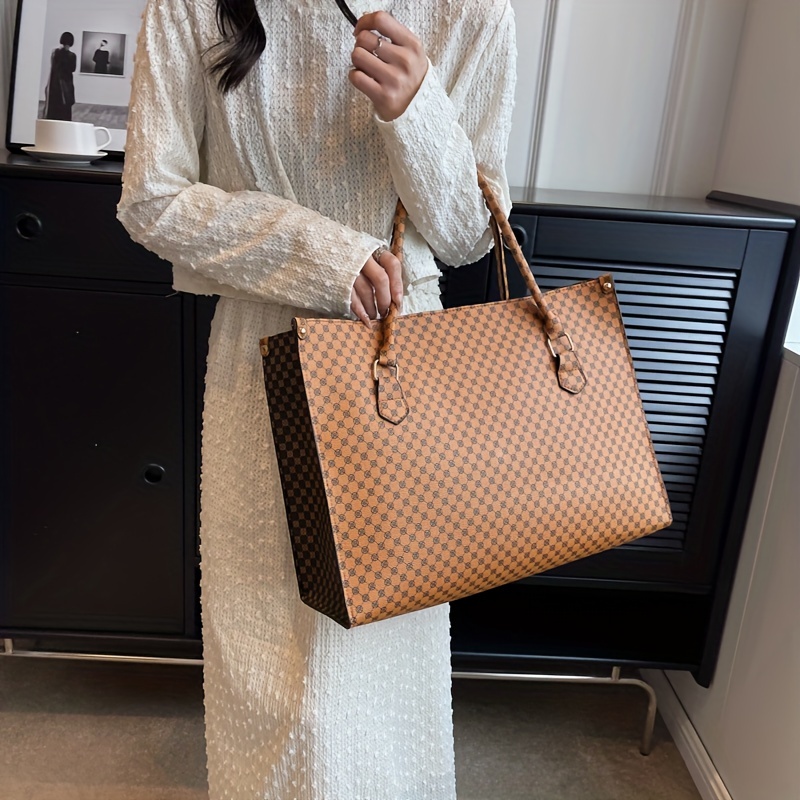 Retro Lattice Tote Bag, Pu Large Capacity Shoulder Bag, Perfect Underarm  Bag For Commuting - Temu