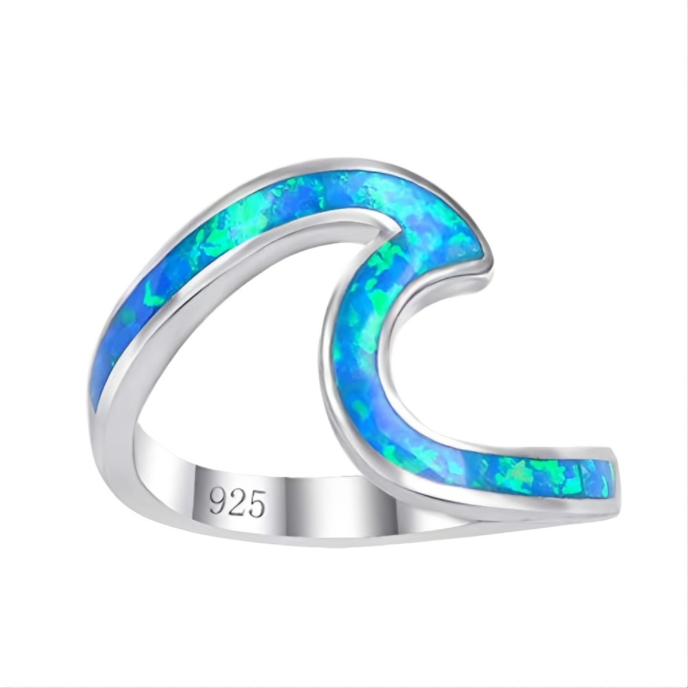 Women's Unique 925 Sterling Silver Opal Wave Ring