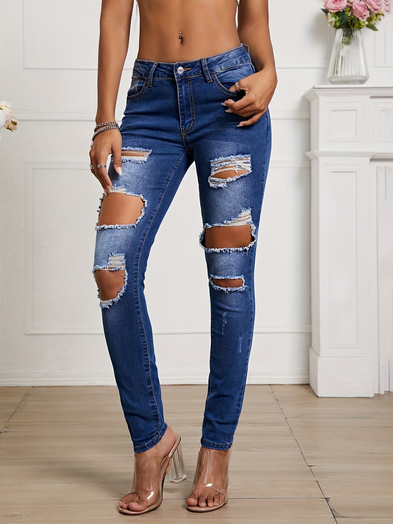 Jeans ajustados de talle alto desgastados y elásticos, pantalones de  mezclilla rasgados negros de cintura alta, jeans y ropa de mezclilla para  mujer