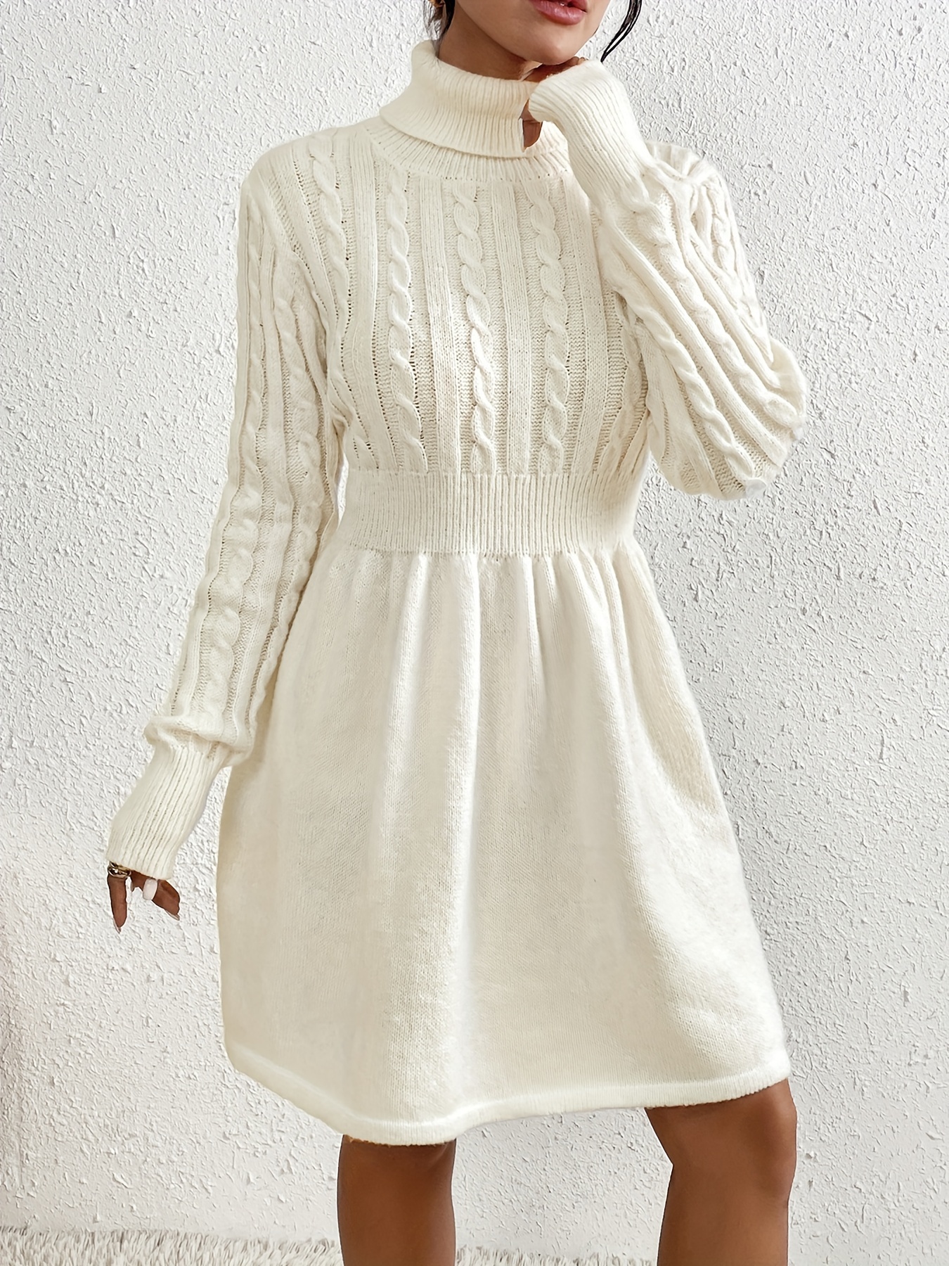 cable knit sweater dress elegant turtleneck long sleeve dress womens clothing details 5
