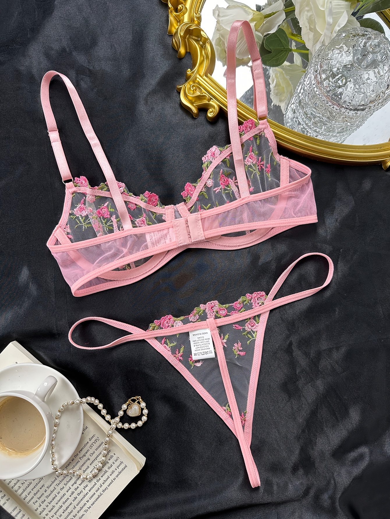 Floral Embroidery Lingerie Set Sheer Unlined Bra Mesh Thong - Temu Canada