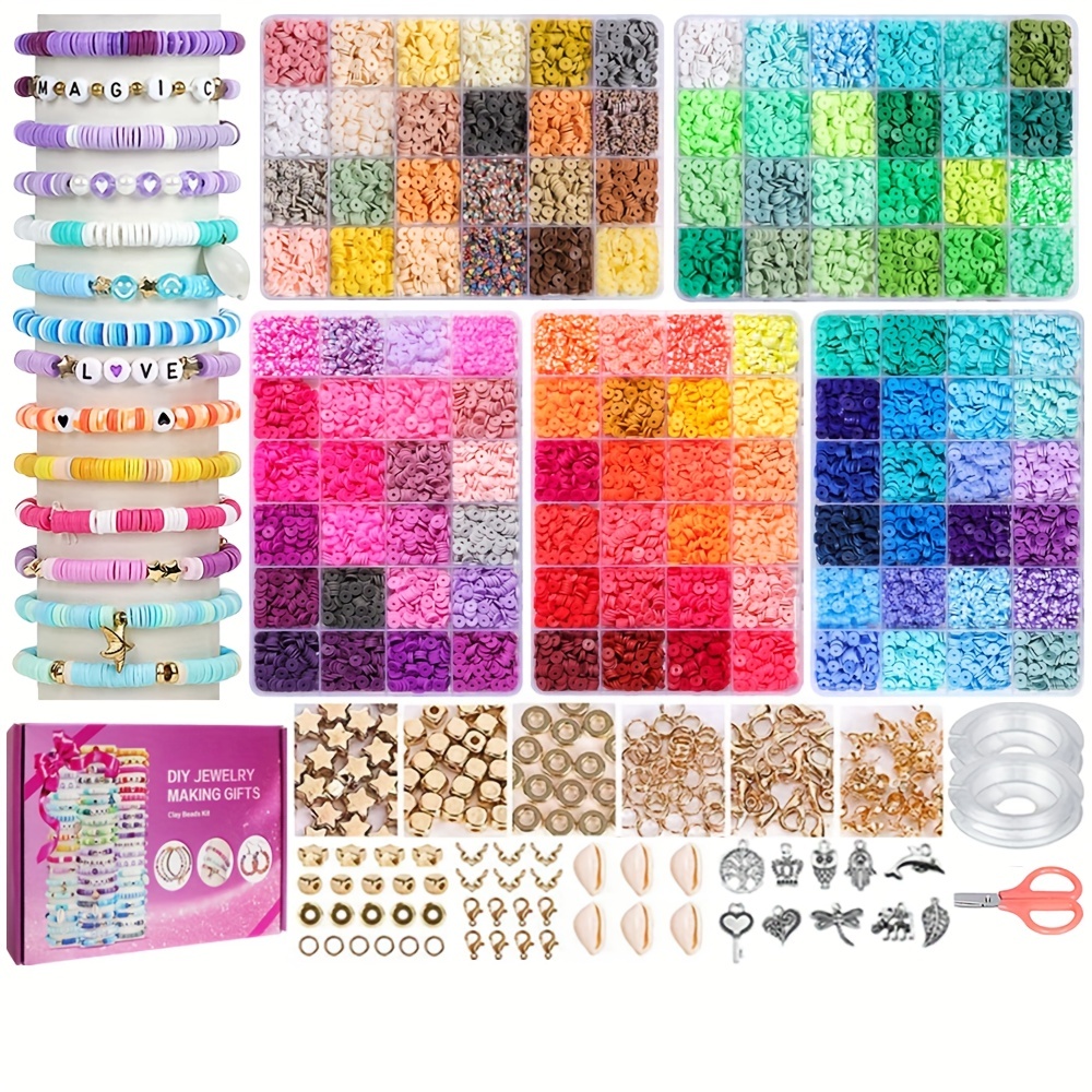 Quefe 5000pcs Clay Heishi Beads for Bracelet Jewelry Making, Polymer Flat Round Clay Beads Kit with 240pcs Letter Beads, Pendant Charms and Elastic
