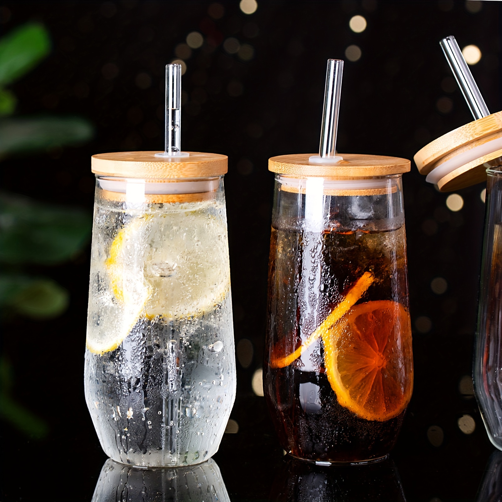 Drinking Glasses With Bamboo Lids And Straws, Glass Tumblers, Ice