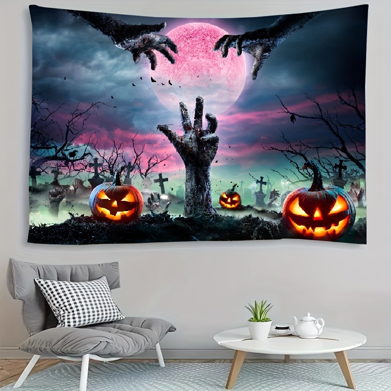 halloween scene of tomb with hands and carving pumpkins scary magical background halloween theme tapestry for home decor details 10