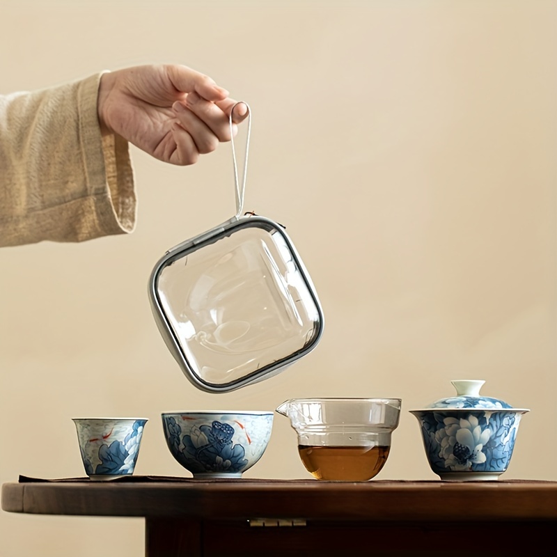 Service à thé de voyage en céramique, portable, 4 tasses, 1 théière pour  bureau, camping, pique-nique, voyage - Bleu