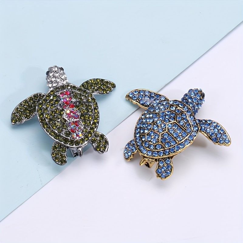 TEMU 2pcs Vintage-inspired Turtle Brooch - & Clear Rhinestones, Golden-tone Alloy Animal Pin For Suits And Dresses - Elegant Classic Jewelry